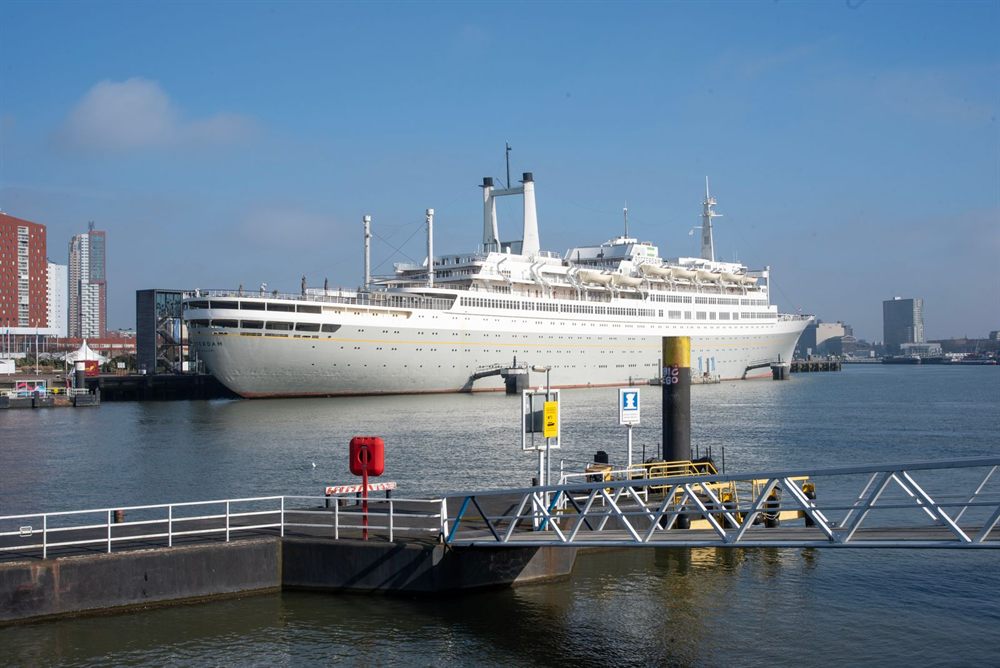 Historic ocean liner Rotterdam moored at its quay in the Netherlands
